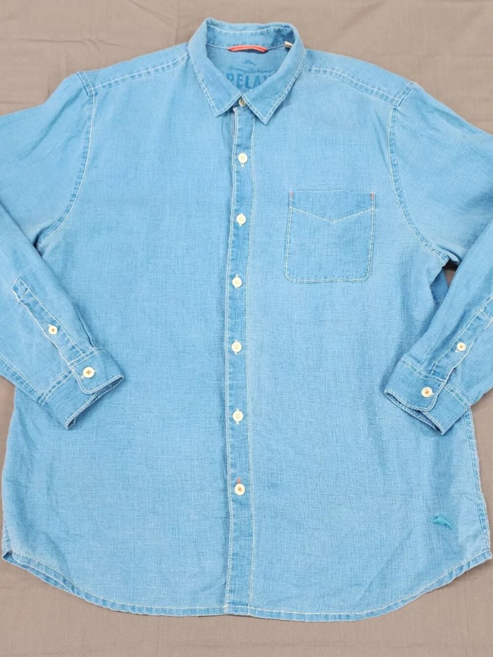 Tommy Bahama Mens XL Light Blue Linen Long Sleeve Button Up Shirt Pocket